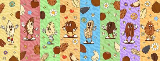 Collage of cartoon groovy nut retro characters vector