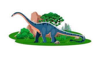 A dinosaur is standing in the grass with trees and rocks vector