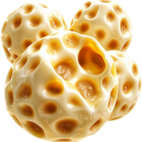 Unique porous golden cheese with a soft texture and an intricate pattern of holes png