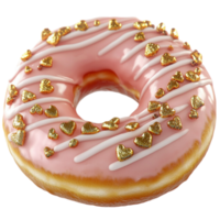 Delicious pink frosted doughnut with golden sprinkles and a soft fluffy texture png