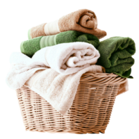 Woven wicker basket filled with neatly folded plush towels in various soothing colors png