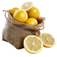 Rustic burlap sack overflowing with bright yellow lemons with one sliced in half png