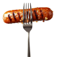 Grilled sausage with crispy charred marks pierced by a silver fork and dripping juices png