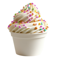 Creamy vanilla soft serve ice cream in a white cup decorated with colorful sprinkles png