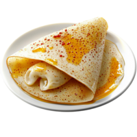 Soft thin crepe folded on a plate drizzled with golden honey and sprinkled with red spices png