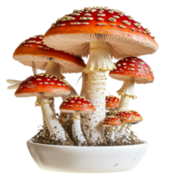 Cluster of red and white fly agaric mushrooms growing in a natural woodland setting png