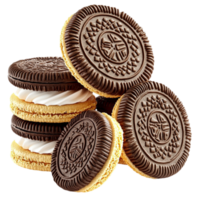 Chocolate sandwich cookies with creamy vanilla filling stacked in an appetizing arrangement png