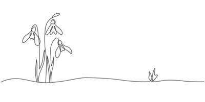 Continuous one line drawing hand drawn minimalist design of spring snowdrop. Concept of arrival of spring, Earth day. illustration isolated on white background vector