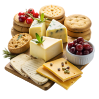 Assorted gourmet cheeses with crackers on transparent background png