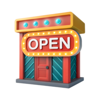 Open Text 3D Cartoon storefront isolated on transparency background png