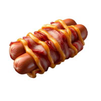 Bacon-wrapped sausages with mustard drizzle on transparent background png