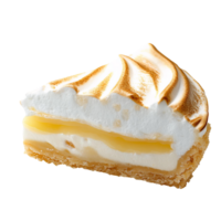 Lemon meringue tart slice with swirled meringue topping on transparent background png