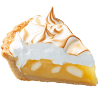 Lemon meringue pie slice with swirled meringue topping on transparent background png