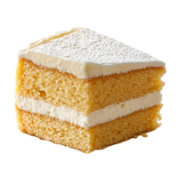 Layered vanilla cake slice with powdered sugar on transparent background png