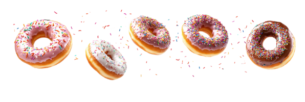 Tasty Frosted Donuts with Colorful Toppings Isolated on Transparent Background png