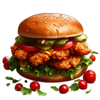 Crispy chicken burger with sesame bun and tomatoes on transparent background png