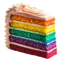 Rainbow layer cake slice with pink frosting on transparent background png