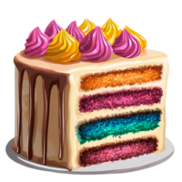 Rainbow layer cake with chocolate drizzle and buttercream topping on transparent background png