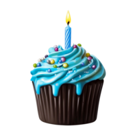 Blue cupcake with candle and sprinkles on transparent background png