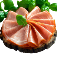 Thinly sliced ham on wooden slice with basil png