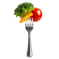 Fork with broccoli, tomato, and pepper on transparent background png