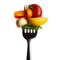 Fork with colorful vegetables and lemon on transparent background png