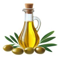 Golden olive oil in glass jug with olives on transparent background png