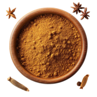 Ground cinnamon powder in wooden bowl with spices on Transparent Background png