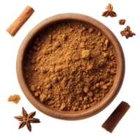 Ground cinnamon in wooden bowl with star anise and cinnamon sticks on Transparent Background png