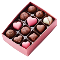 Pink box of assorted chocolate candies, heart-shaped chocolates, isolated on Transparent Background png