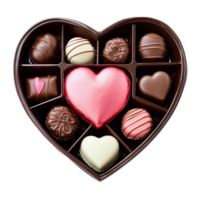 Heart-shaped chocolate box with assorted chocolates isolated on black png