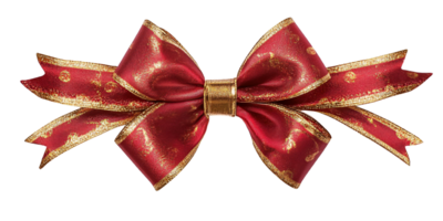 Decorative Red Satin Bow with Gold Trim Isolated on Transparent Background png
