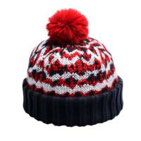 Red and white knitted beanie with pompom on Transparent Background png