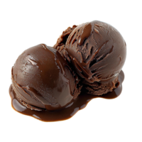 Chocolate ice cream scoops with melted chocolate drizzle on transparent background png