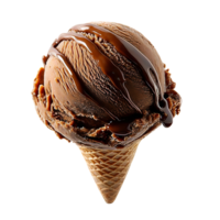Chocolate ice cream scoop with drizzle on cone on transparent background png