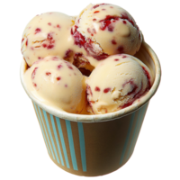 Creamy raspberry ice cream scoops in paper cup on transparent background png