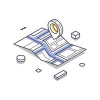 Isometric line art icon illustrating delivery service on a map with location markers and elements vector
