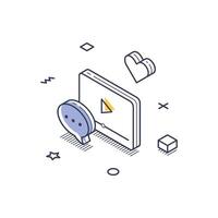 Isometric line art icon featuring social media engagement with likes and comments vector
