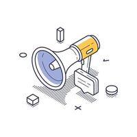 Isometric line art icon representing online marketing through a megaphone design vector