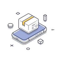 Isometric line art icon representing delivery service through smartphone technology vector