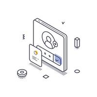 Isometric line art icon representing internet security with user login and verification elements vector