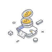 Isometric line art illustration of a wallet with coins representing finance and banking concepts vector