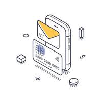 Isometric line art icon representing digital finance and banking elements for infographics vector