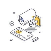 Isometric line art icon representing internet security with surveillance and payment card elements vector