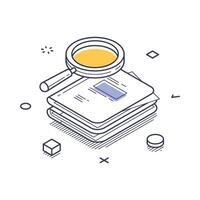 Isometric line art icon illustrating data analysis with magnifying glass and papers vector