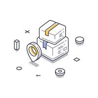 Isometric line art icon for online shopping with parcel and delivery tracking elements vector