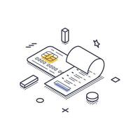 Online payment processes illustrated as an isometric line art design vector