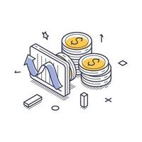 Online payments and budget analysis represented through isometric line art design elements vector