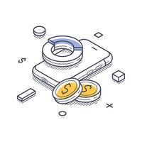 Isometric line art icon featuring finance and banking elements on a mobile device vector