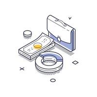 Isometric line art icon depicting business investment elements with money and a briefcase vector